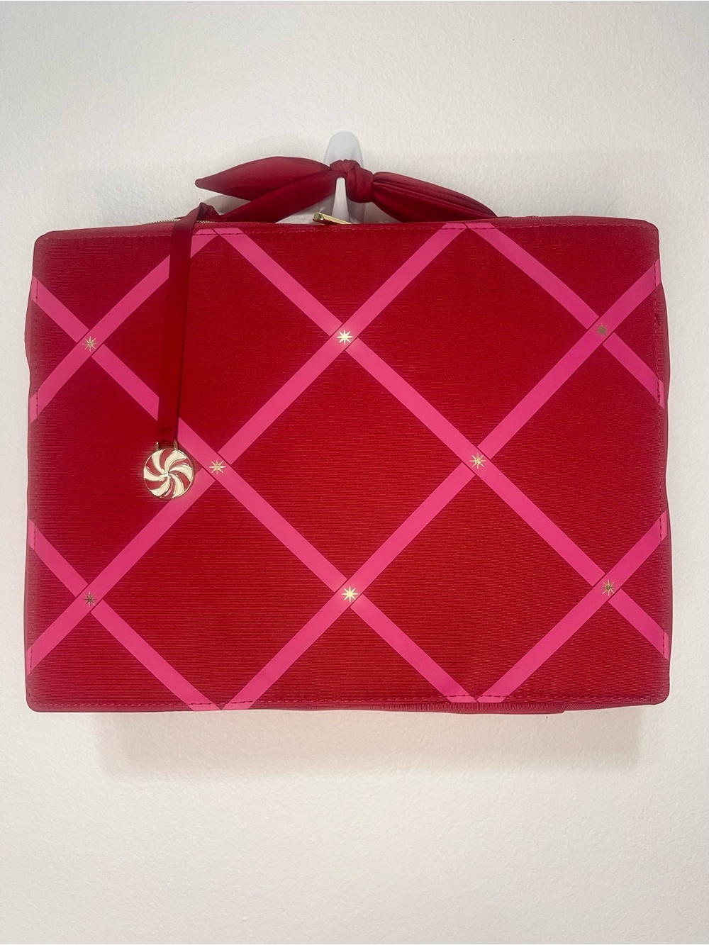 Estee Lauder NWOT Cosmetic Train Case Red with Pink Ribbon Grid